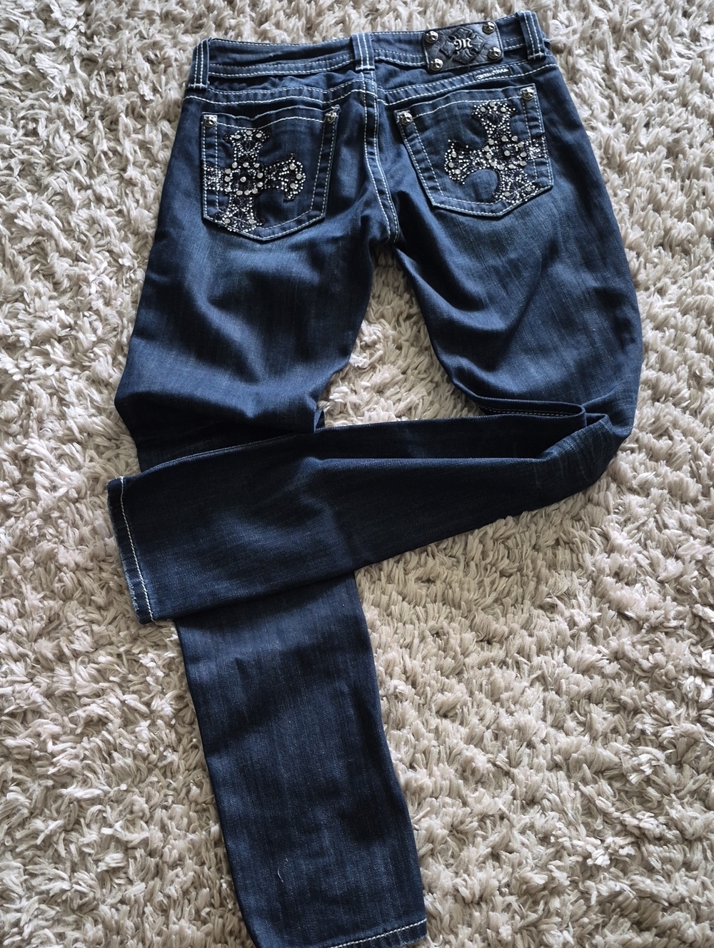 Miss Me Dark Indigo Skinny Jeans with Embellished Cross Back Pockets